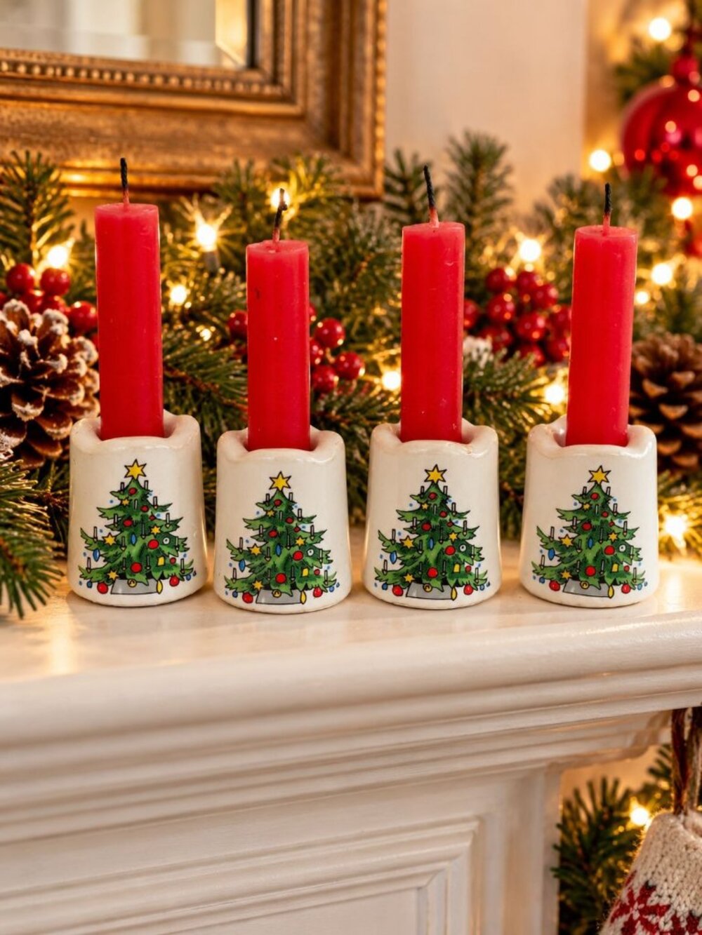 Set Of 4 Vintage Christmas Tree Ceramic Candle Holders
